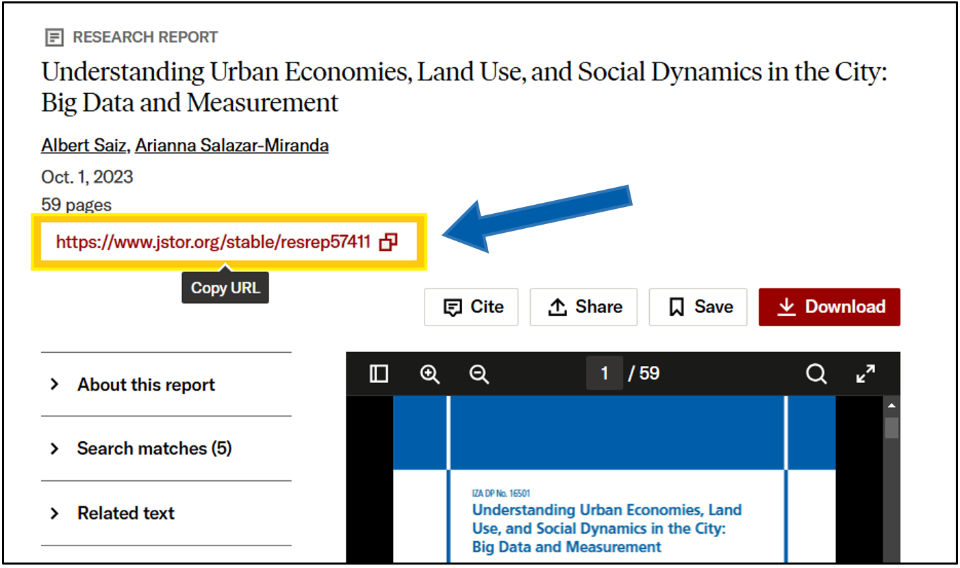 Captura de pantalla de la base de datos Jstor con la URL estable subrayada